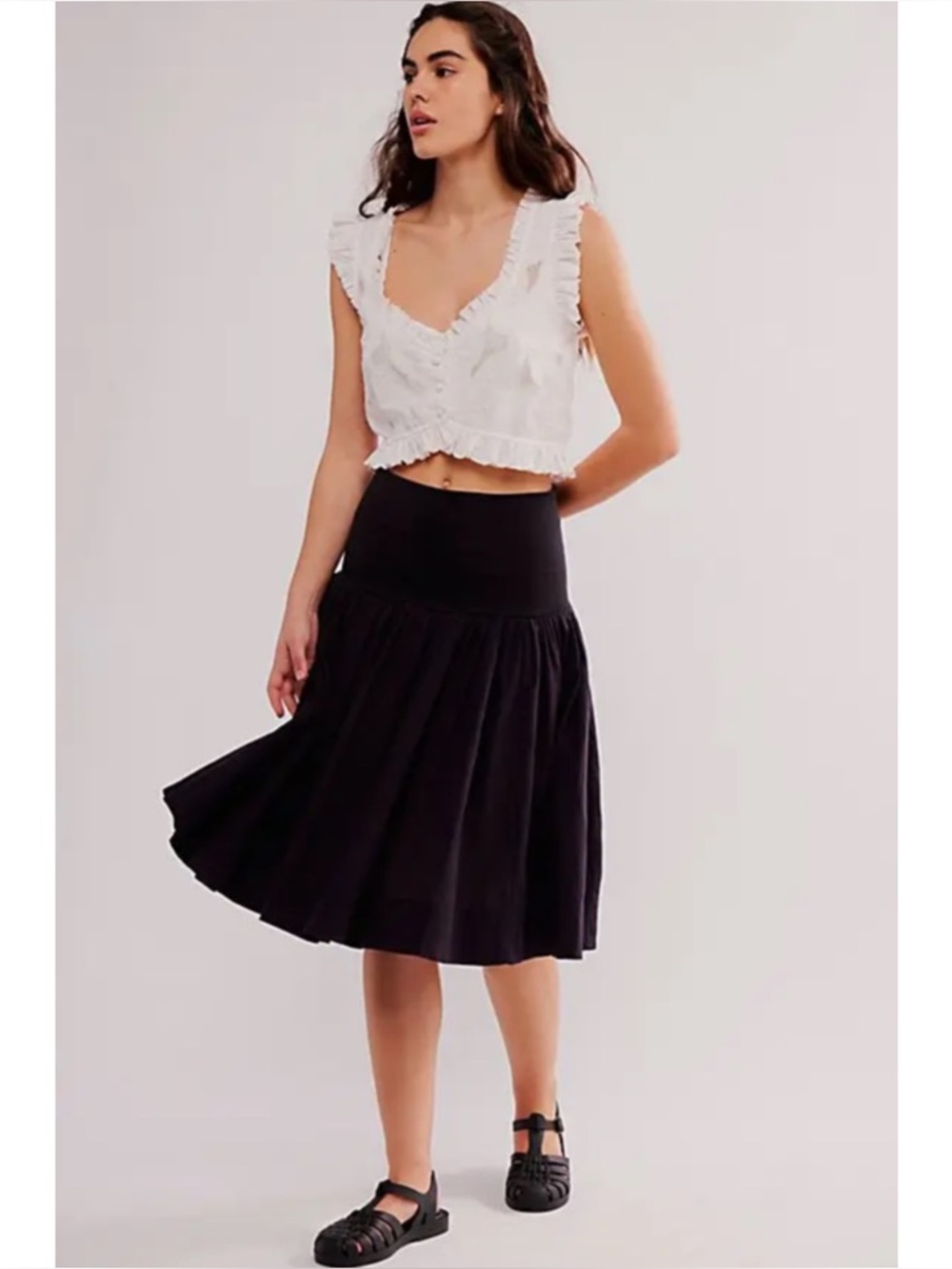 FREE PEOPLE | Larkspur Convertible Drop-Waist Cotton Midi Skirt in Black, XS